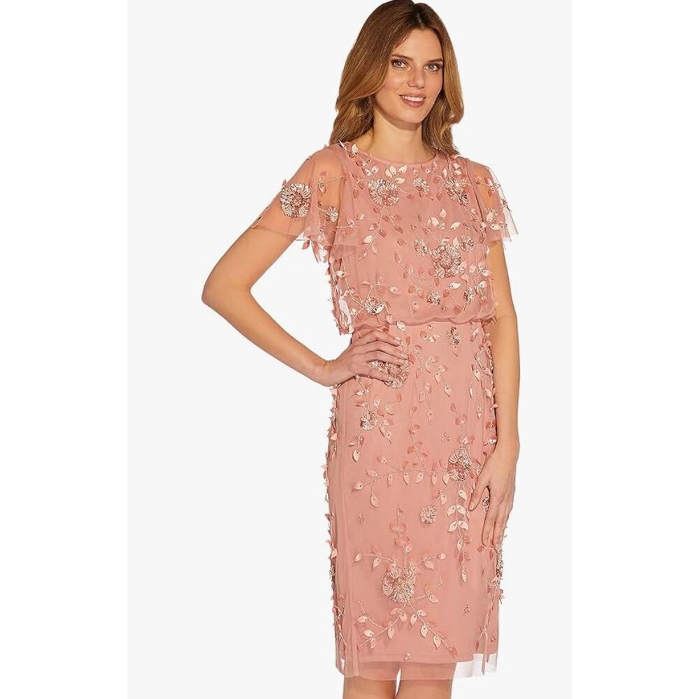 Adrianna Papell Beaded Sequin Dress Pink Floral Party Glam Cocktail US 4 NWT